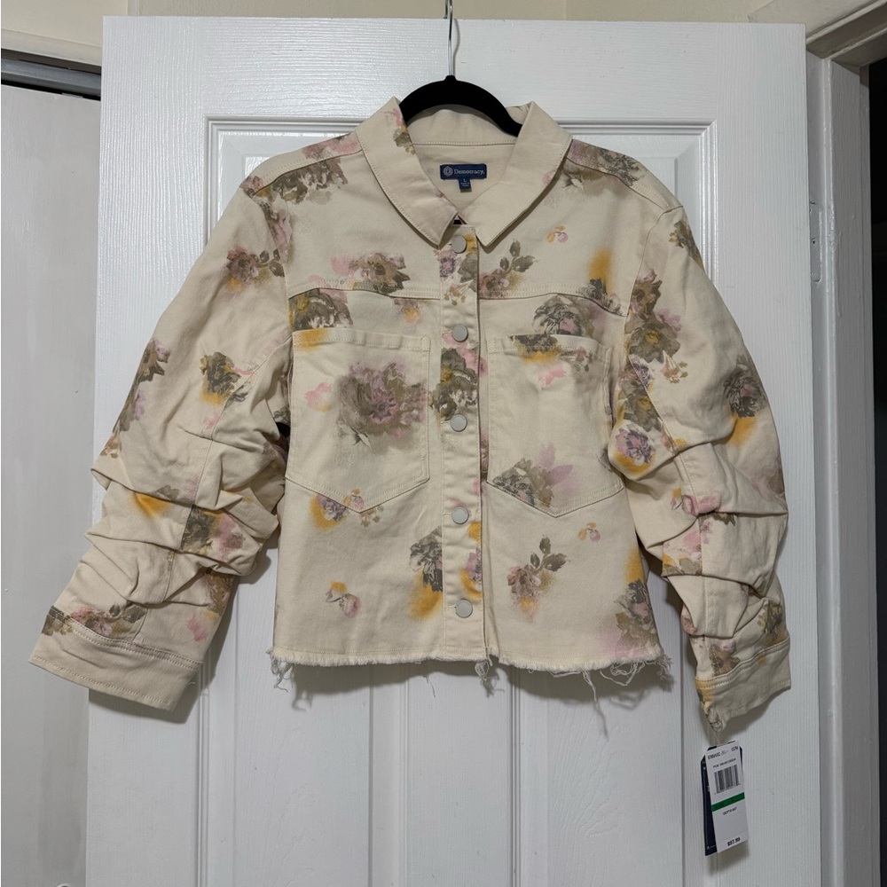NWT Democracy Floral Denim Jacket With Ruched Sleeves